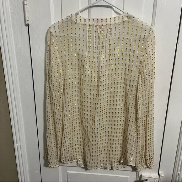 Lilly Pulitzer Cream Gold Colby Silk Metallic Dot Sheer Blouse Large B - Picture 4 of 8